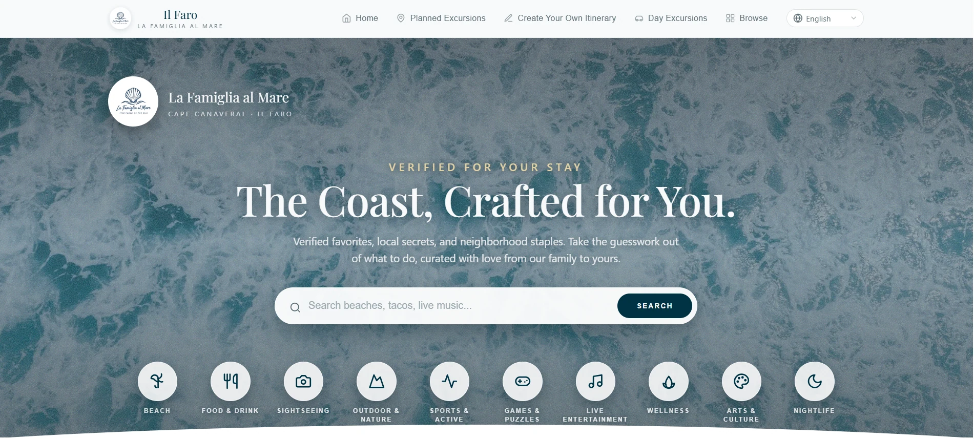 Il Faro guest application homepage on desktop: the headline The Coast, Crafted for You over a teal water texture, with a search field and ten excursion category buttons.