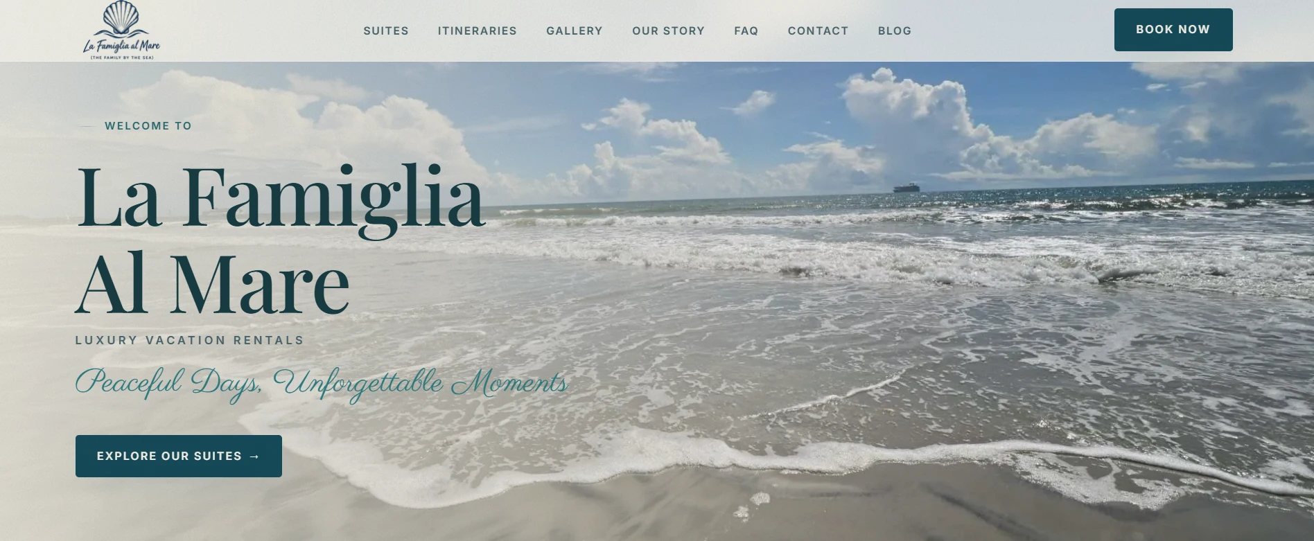 La Famiglia al Mare public website homepage: a coastal photograph behind the headline La Famiglia Al Mare, with a BOOK NOW button in the navigation.