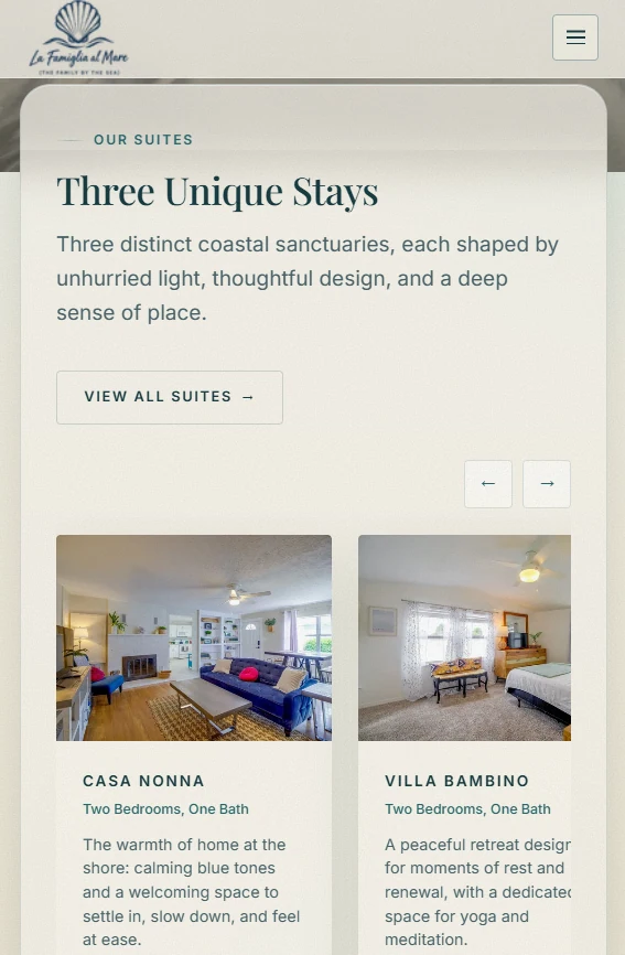 The La Famiglia al Mare suites overview on a phone: the heading Three Unique Stays, an introduction, gallery arrows and suite cards.