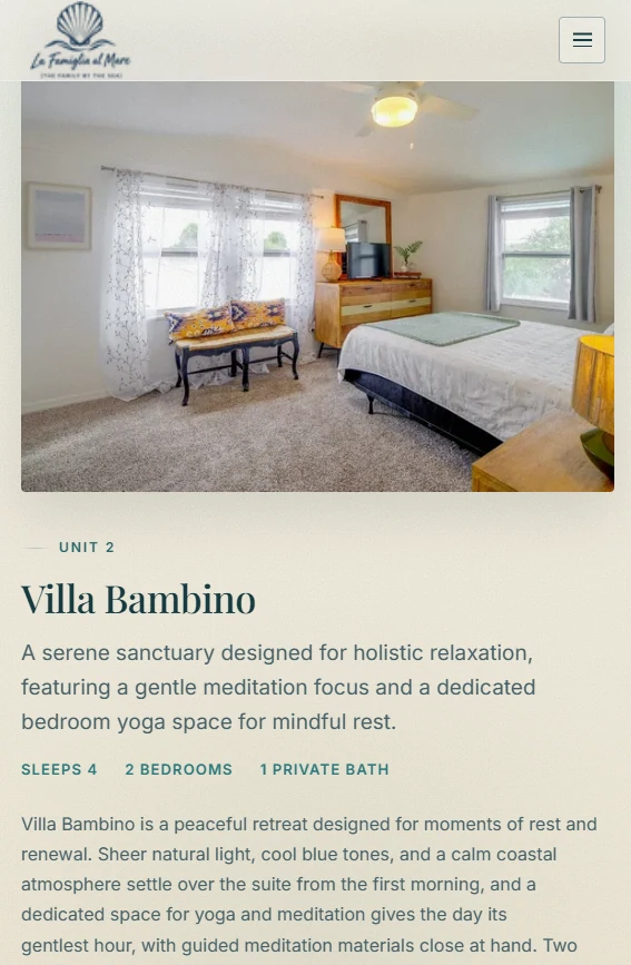 The La Famiglia al Mare site on a phone: the Villa Bambino suite card with a bedroom photograph, description and sleep, bedroom and bath counts.