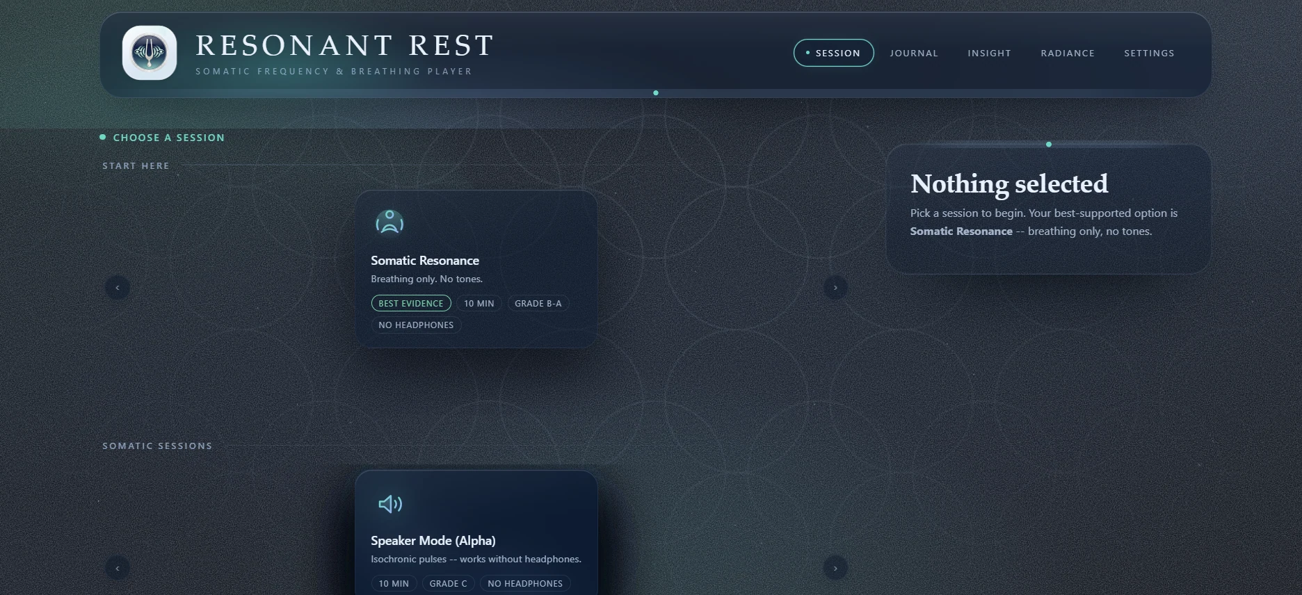 Resonant Rest prototype session selection screen with a Somatic Resonance card and a Speaker Mode card, on a dark textured background.